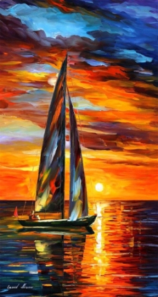 夕阳帆船-油画