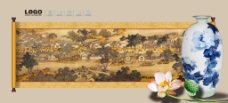 画中国风中国风卷轴古画青花瓷