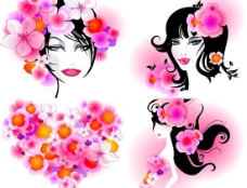 粉红花朵装扮女性画稿矢量素材