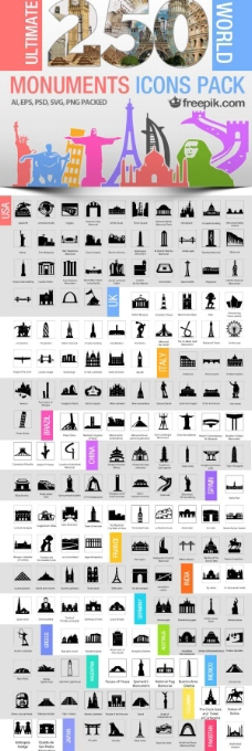 世界建筑250个世界标志性建筑图标矢量