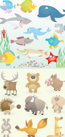 海洋动物卡通海洋鱼类陆地动物矢量素材