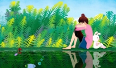 女孩与池塘风景插画图片
