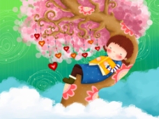 爱上躺在树上的小女孩卡通背景