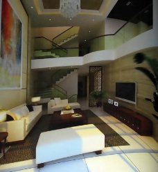 现代豪华设计别墅客厅3D模型下载含材质