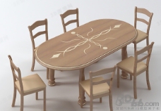 餐桌组合3D欧式实木餐桌椅组合模型