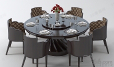 餐桌组合3D欧式圆形餐桌椅组合模型