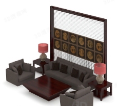 沙发背景墙3D沙发茶几组合模型