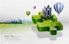 概念拼图高清绿色城市拼图概念草树素材