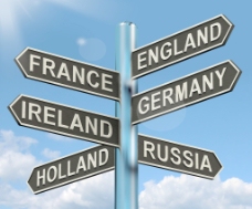 欧洲游英国法国德国爱尔兰路标显示欧洲旅游目的地