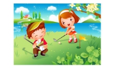 儿童运动卡通儿童高尔夫运动矢量图